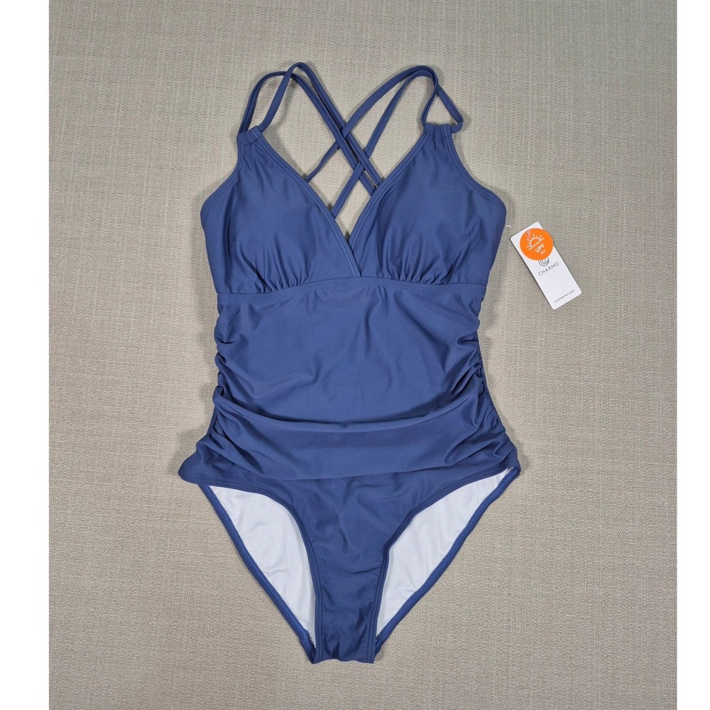 Charmo Womens Blue Ruched Tummy Control One Piece Swimsuit V-Neck Medium NWT
